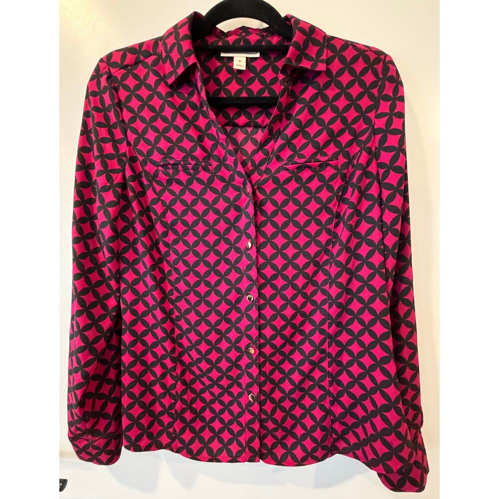 Magenta & Black Dana Buchman Blouse Womens Small Gold Button Accent Lightweight